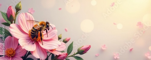 Intricate bee & blossom design, soft pastel tones, petal, blossom