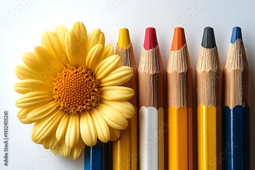 Colored pencils in a row with a yellow flower. Studio shot for school or craft projects