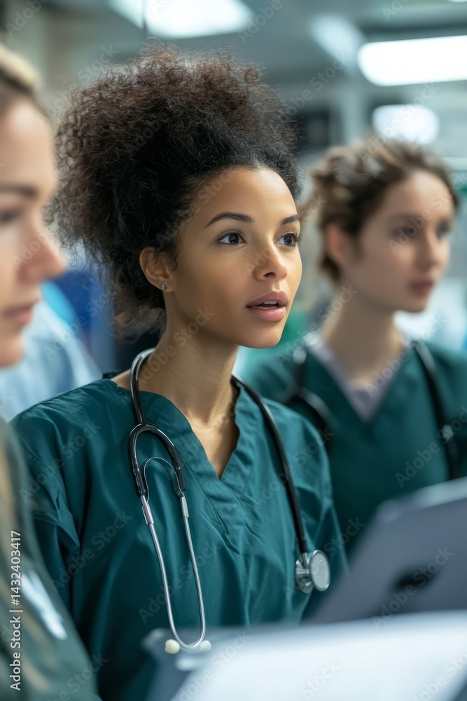 A hospital ward with beds lined up and medical equipment nearby. A team of doctors and nurses collaborate on a patient’s care plan. The mood is focused and professional