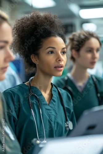 Obraz na płótnie A hospital ward with beds lined up and medical equipment nearby. A team of doctors and nurses collaborate on a patient’s care plan. The mood is focused and professional w salonie