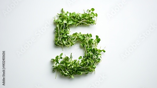Number 5 made of fresh arugula sprouts isolated on white