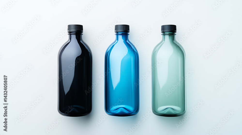 Three black, blue, and transparent plastic bottles on a white background. Three black, blue, and transparent plastic bottles on a white background.