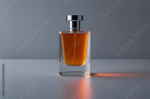Wallpaper Mural Amber-hued perfume in a clear, rectangular glass bottle with a silver cap, sits on a reflective surface, illuminated by a soft light casting a warm shadow. Torontodigital.ca