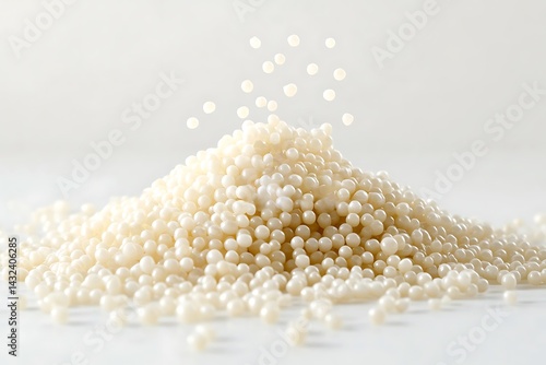 Heap of White Tapioca Pearls with Some Floating Against White Background, Studio Shot