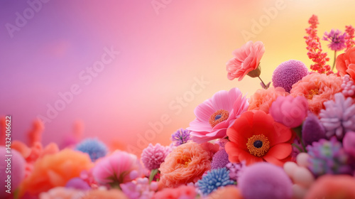 colorful scene with various flowers in vibrant shades, creating joyful and lively atmosphere. arrangement features mix of blossoms, adding depth and beauty to composition