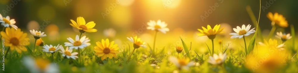 Fototapeta premium Golden sunlight bathes wildflowers, children's toys scattered , landscape, innocent