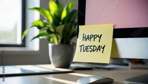 Desk Setup with Happy Tuesday Note on Monitor