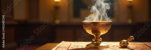 Golden censer with smoke rising, altar scene depicting Levitical ordination , incense, censer, wall art