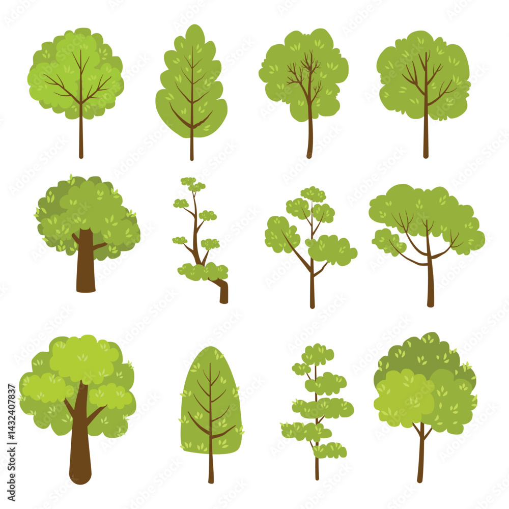 Fototapeta premium Assorted cartoon trees display springtime colors