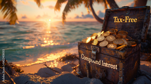 Treasure Chest of Tax-Free Compound Interest on Tropical Beach at Sunset – Hyper-Realistic