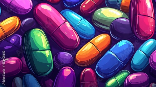 Vibrant pharmaceutical pills artful depiction, colorful medication background
