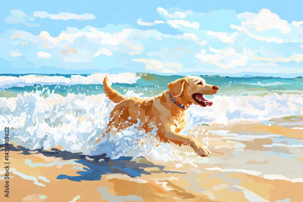 Illustration of golden retriever joyfully running along the beach in shallow waves under blue sky, expressing freedom happiness and summer fun in colorful painterly seaside scene. Illustration of golden retriever joyfully running along the beach in shallow waves under blue sky, expressing freedom happiness and summer fun in colorful painterly seaside scene.