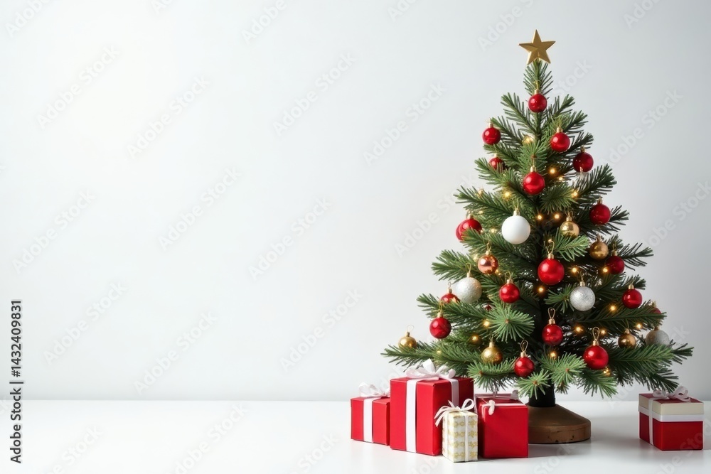 Festive white backdrop, red & white Christmas tree with red berries , present, holiday, graphic Festive white backdrop, red & white Christmas tree with red berries , present, holiday, graphic