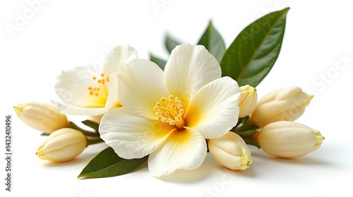 The neroli flower. Citrous blossoms. Isolated transparent png of a group of white flowers and buds on an orange tree.