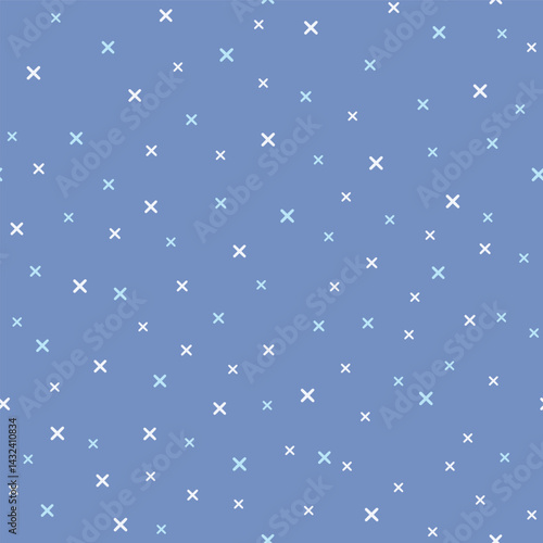 An Alpine Theme in Faux Cross Stitch of Snow Flakes Gently Falling in an Azure Blue Sky background creating a seamless pattern print