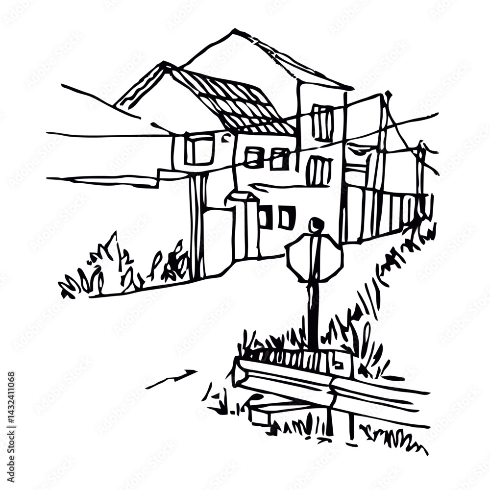 Fototapeta premium A charming sketch of a hillside village, featuring quaint houses, a stop sign, and lush greenery—a peaceful glimpse into rural life.