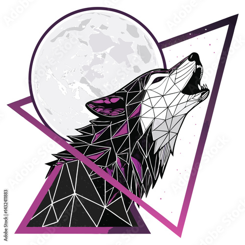 A wireframe wolf, howling intensely at a distorted, glitching moon, rendered in a dark, stylized digital art style.  Anguished expression.