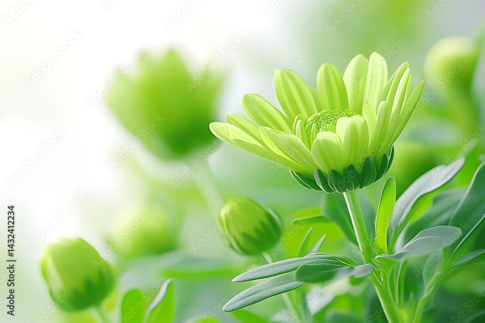 Fototapeta premium Green chrysanthemum blooms, sunlight on a budding garden, symbolic of fresh growth for stock photos