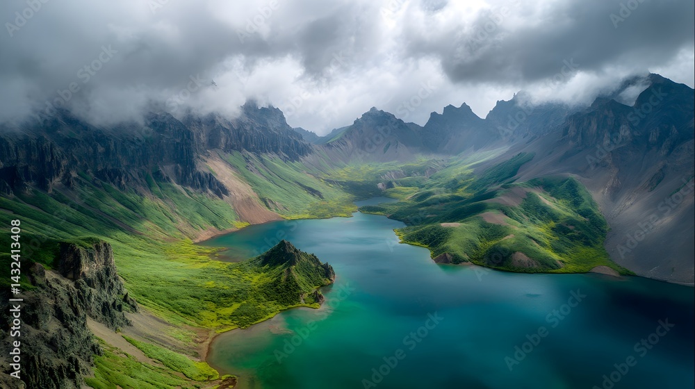 Fototapeta premium Serene Mountain Lake Landscape with Lush Green Hills