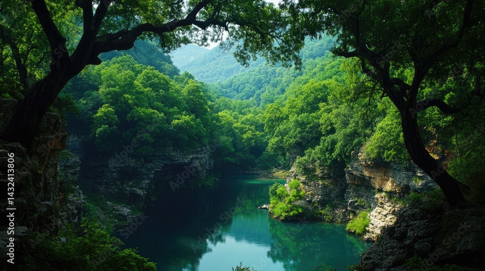 Lush valley framed by ancient trees. Tranquil river flows through verdant gorge Lush valley framed by ancient trees. Tranquil river flows through verdant gorge