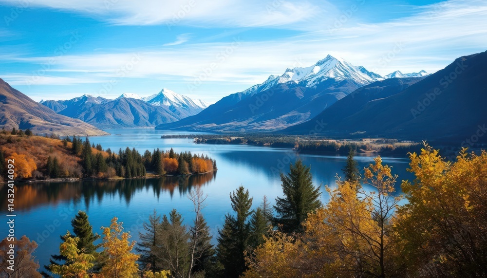 Scenic lake and mountain vista. Autumn colors Scenic lake and mountain vista. Autumn colors