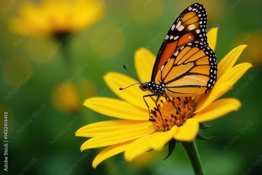 Fototapeta premium Vibrant monarch butterfly perched on a bright sunflower , black, monarch