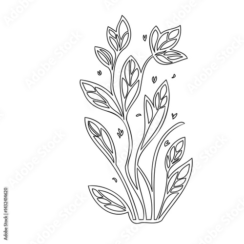 Botanical Illustration of Ornate Leaves and Stems in Black and White Outline Style