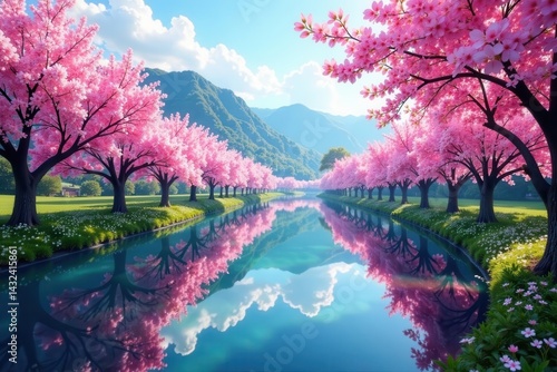Rows of blossoming cherry trees mirror across a lake, water, bloom