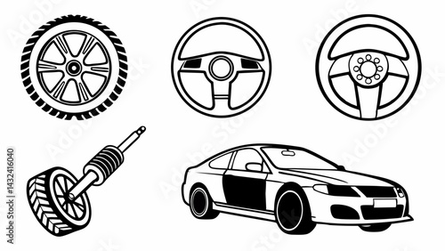 A silhouette black and white set of car parts and automotive accessories in vector format.