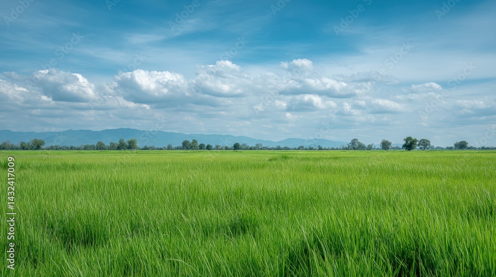 A wide landscape with fresh green rice fields, Sunshine and blue sky A wide landscape with fresh green rice fields, Sunshine and blue sky