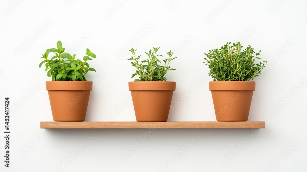 Three potted herbs on a wooden shelf against a simple wall, showcasing a fresh and vibrant indoor planting setup. Three potted herbs on a wooden shelf against a simple wall, showcasing a fresh and vibrant indoor planting setup.
