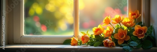 Sunlight streams through window illuminating vibrant spring flowers on sill , green, rays