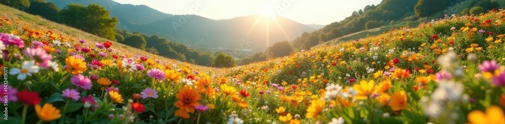 Wavy terrain awash in colorful flowers, sunlit spring scene, petals, topography Wavy terrain awash in colorful flowers, sunlit spring scene, petals, topography