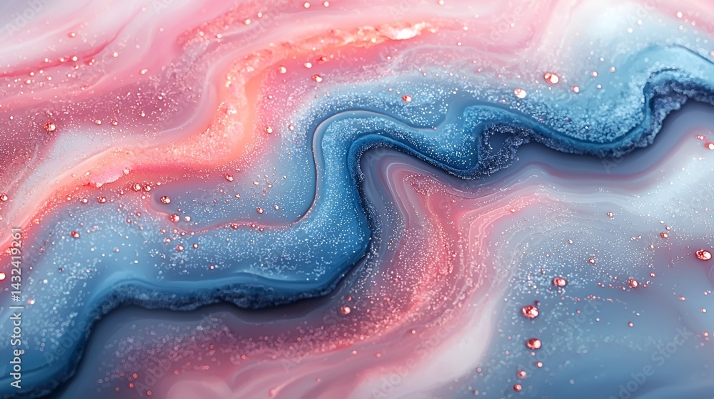 Fototapeta premium Abstract pink, blue, and white marbled texture with glitter.