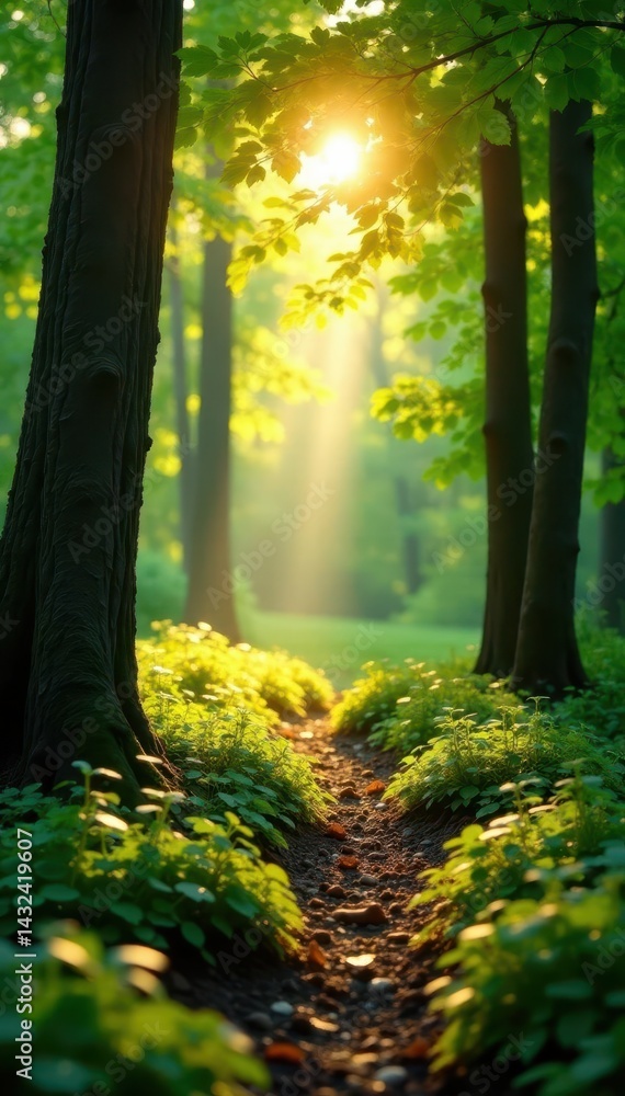 Obraz premium Golden sunlight dapples vibrant green forest floor , vitality, shade