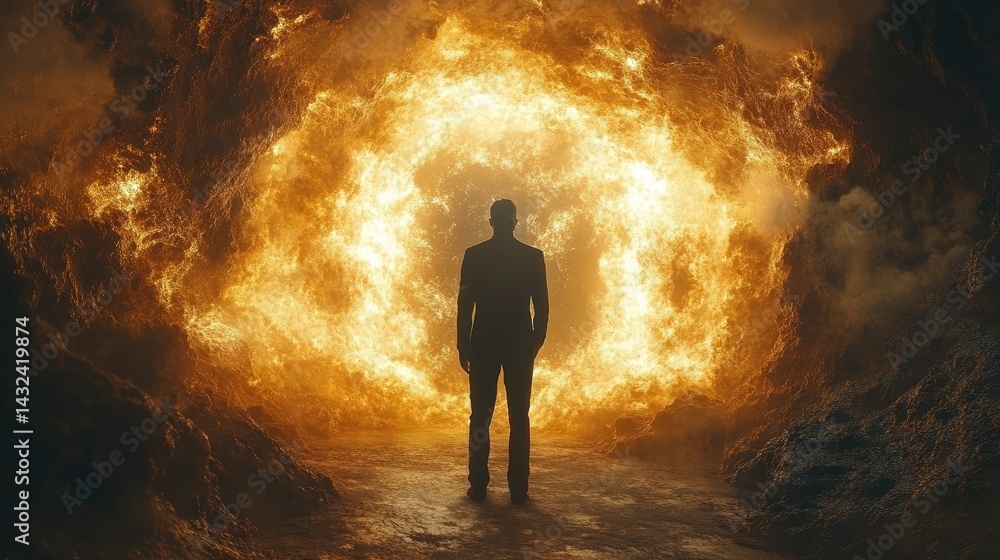 Obraz premium Man facing fiery portal