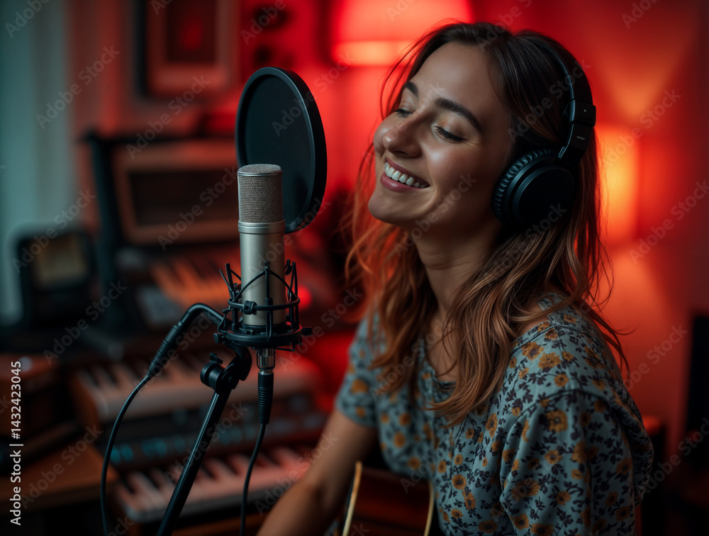 The image depicts a person wearing headphones and recording in a studio with red lighting