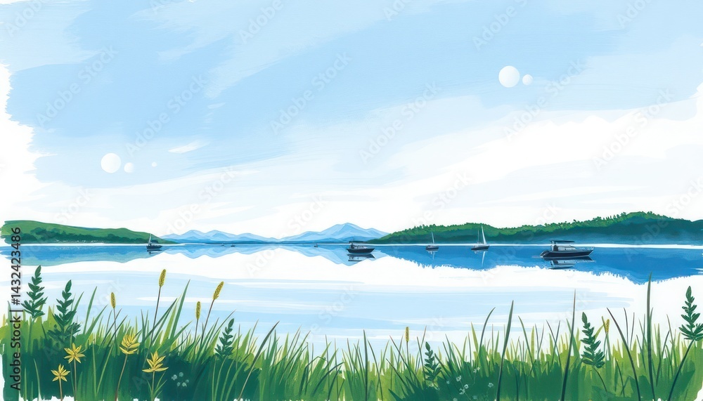 Serene lake vista, peaceful scene Serene lake vista, peaceful scene
