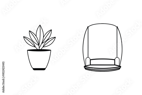 Outline Of Potted Plant With Leaves And Swing Chair Minimalist Design Isolated