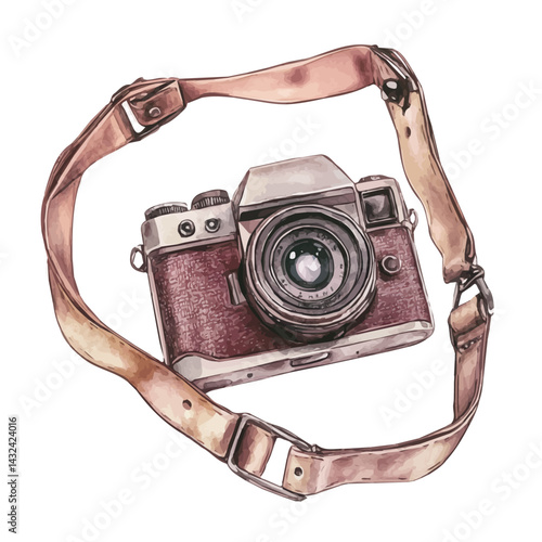 Vintage Camera Strap, vector watercolor illustration, isolated on a white background.