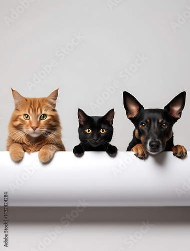Adorable cat and dog trio posing together with curiosity. A fluffy ginger cat, a sleek black cat, and a playful dog are shown in a cute, harmonious display of friendship and pet companionship.

