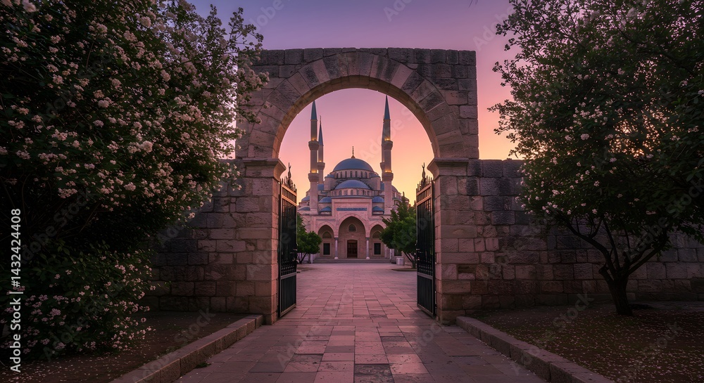 Fototapeta premium Serene Sunrise at the Majestic Al-Fateh Grand Mosque in Manama, Bahrain: A Breathtaking View Through an Ancient Archway