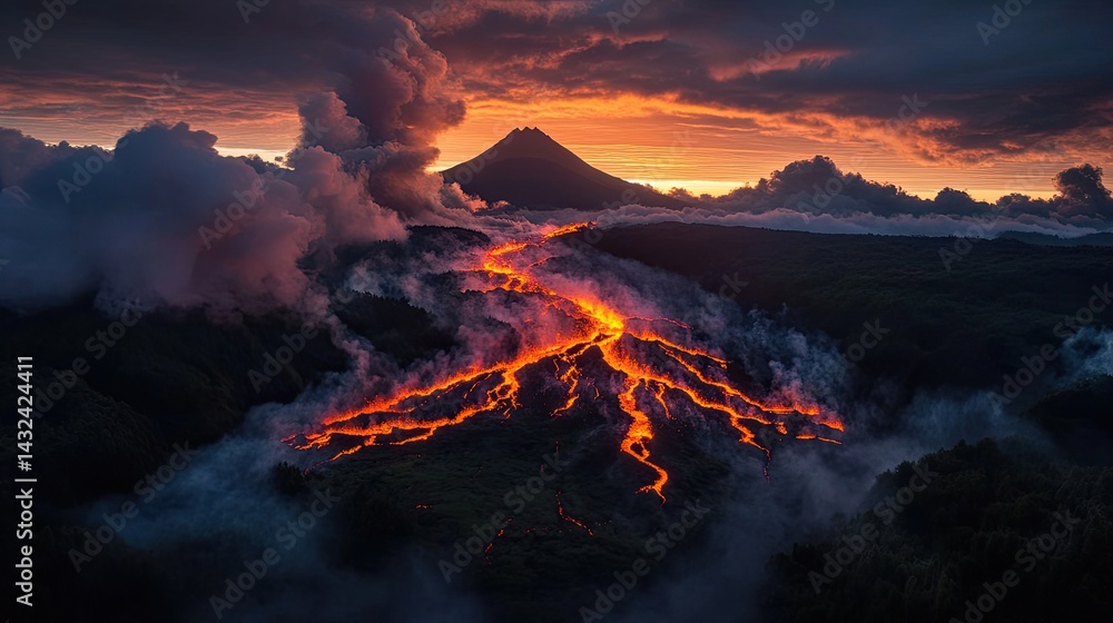 Fototapeta premium Molten lava flows from a volcano at sunset