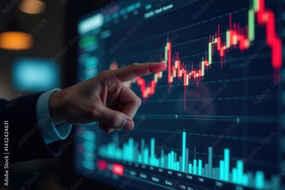 Prosecutor's hand pointing at complex financial chart on screen, forensic accounting, graph Prosecutor's hand pointing at complex financial chart on screen, forensic accounting, graph