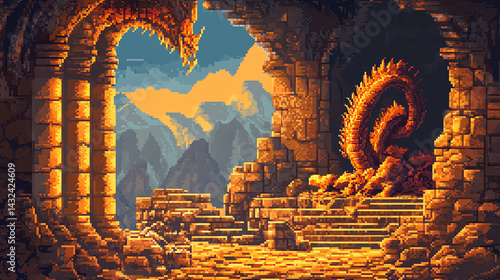 Pixel Art Dragon Guarding Treasure in Ancient Ruins with Mountain View