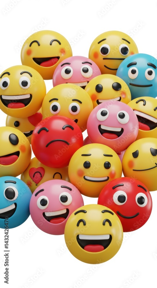 3D Emojis, Smiley Faces, Happy Emoticons: Colorful 3D Rendering of Emoji Balls 3D Emojis, Smiley Faces, Happy Emoticons: Colorful 3D Rendering of Emoji Balls