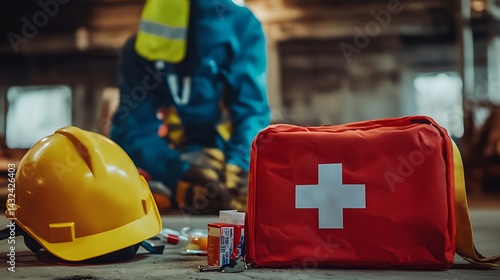 First aid kit with first aid kit on construction site. Health care concept.