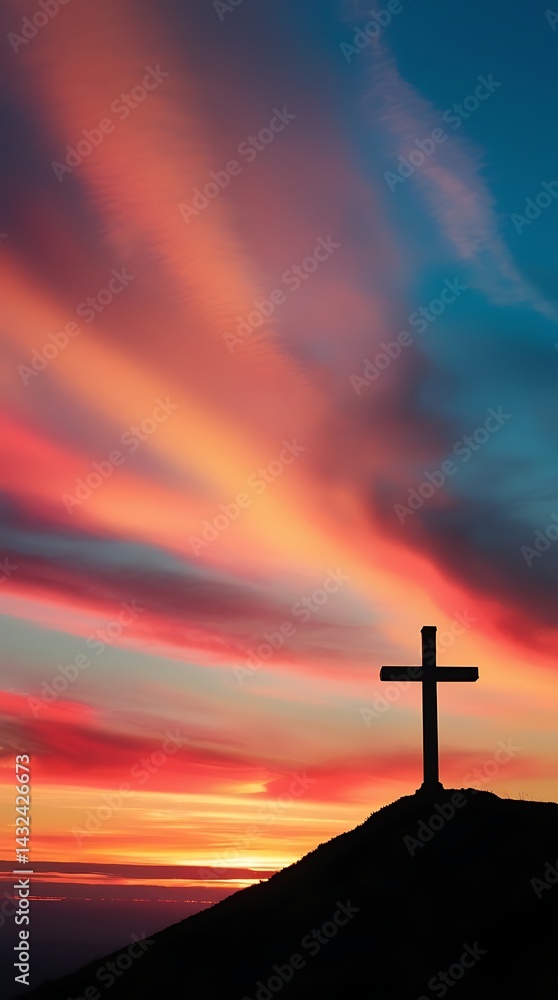 custom made wallpaper toronto digitalInspirational silhouette of a Christian cross against a vibrant sunset sky, symbolizing faith, hope, spirituality, and devotion, ideal for religious and inspirational themes

