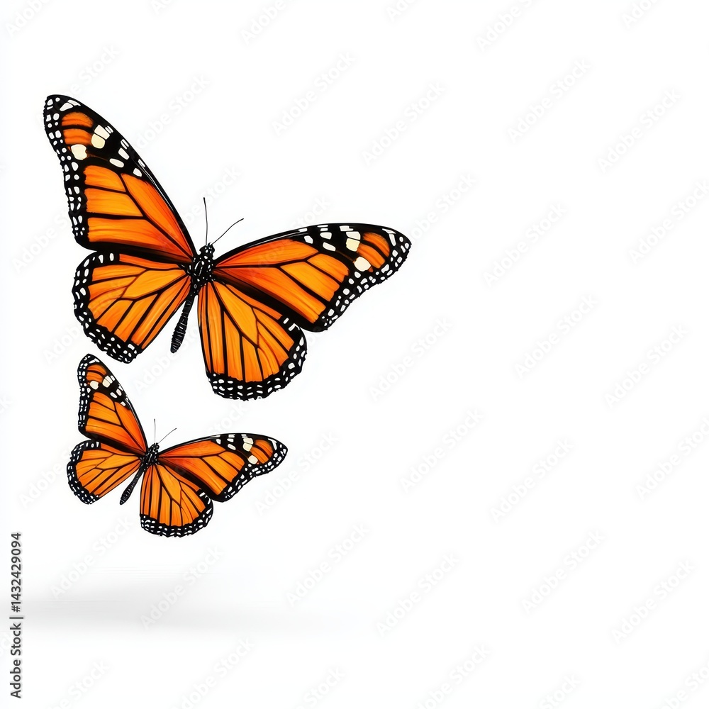 Fototapeta premium Two Orange Monarch Butterflies in Flight Against White Background