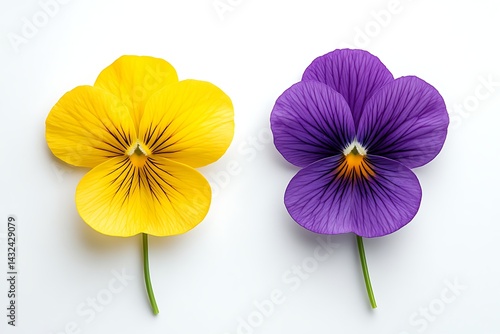 Two vibrant pansies, yellow and purple, on white background; close-up; floral photography; possible use greeting card, home decor